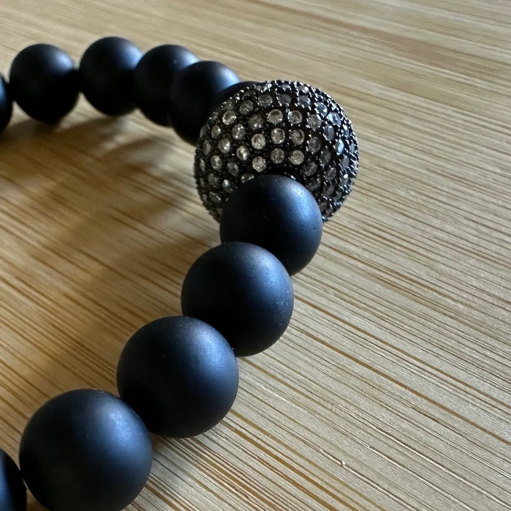 Matte 8mm Onyx Stretch Bracelet w/ Black Pave Crystal Disc Spacer